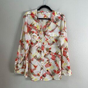CALVIN KLEIN Womens XL Roll Tab Sleeve Button Up Blouse Geometric Print Shirt